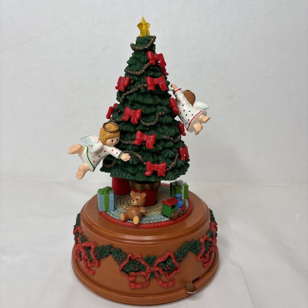 Vintage Enesco Christmas Tree Music Box W/Angels & Presents lights up WORKS